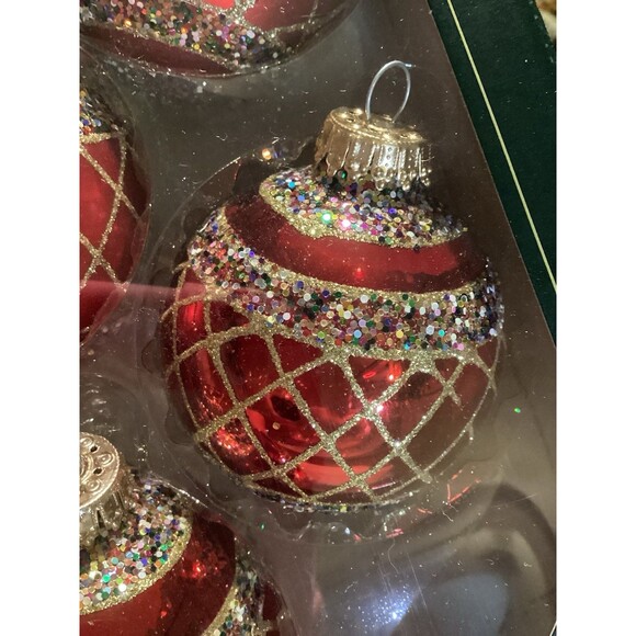Krebs Glass Christmas Ornaments Candy Apple Red Flame Stripes & Lattice 2 Boxes - Picture 5 of 15